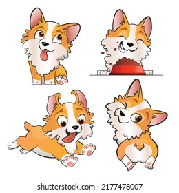 4 cute corgi puppies vector illustrations in flat cartoon style