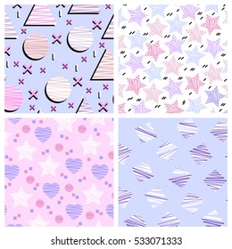 4 cute different vector seamless patterns. Blue, pink, white colors. Set of romantic templates perfect for 'save the date' design, baby shower, mother's day, birthday invitations, wedding design. 