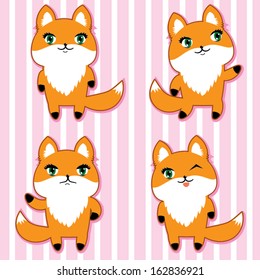 4 cute foxes emotions. kawaii cartoon vector illustration