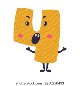 4 lindo personaje gracioso con cara graciosa. Cuatro cómicos niños brillantes numéricos coloridos, símbolo matemático ilustración vectorial de dibujos animados