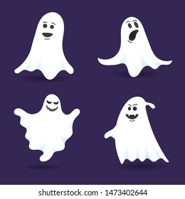 4 cute ghost characters flat style design vector illustration set isolated on dark background. Halloween boo spooky symbol flying above the ground.