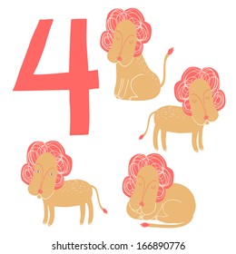 4 cute lions  Easy Learn to count figures  Funny cartoon childish illustrations in vector 