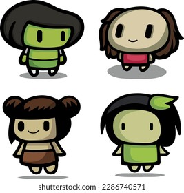 4 lindos personajes pequeños sobre blanco