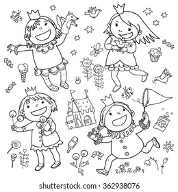4 Cute Princess Girls and small royal objects. Black and White outline. Great illustration for a school books and more. VECTOR. Editorial. Education. Advertising. Board.