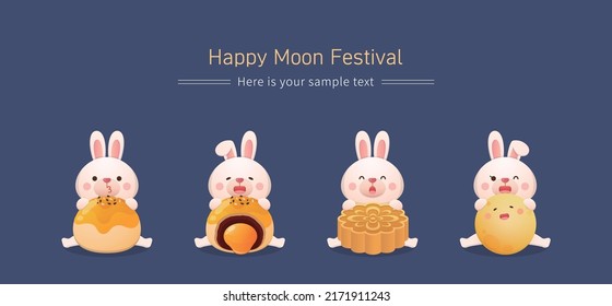 4 Cute Rabbit Mascot Characters and Asian Festivals: Mid-Autumn Festival, Traditional Food: Mooncakes