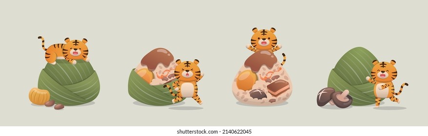 4 cute tigers and traditional Chinese food for Dragon Boat Festival: zongzi, sticky rice wrapped in bamboo leaves