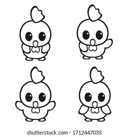 4 Cute white chicken kid, white backyard, vector illustration, coloring book