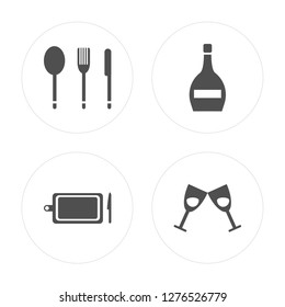 4 Cutlery, Kitchen board, Wine bottle, Cocktail modern icons on round shapes, vector illustration, eps10, trendy icon set.