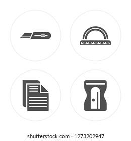 4 Cutter Knife, Paper with Text, Circle Ruler, Sharpener modern icons on round shapes, vector illustration, eps10, trendy icon set.
