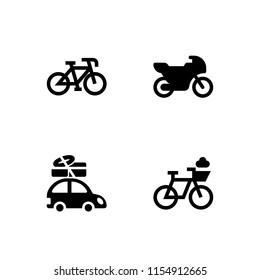 4 cycle icons in vector set. bike, bicycle and car with luggage on the roof rack illustration for web and graphic design