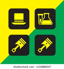 4 cylinder icons in vector set. top hat, test tube and flask for chemistry class and piston illustration for web and graphic design