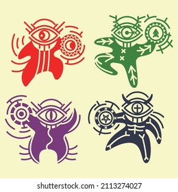 4 dancing shamans silhouette beat the tambourine.
