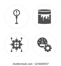 4 Danger, Cpu, Barrel, Control panel modern icons on round shapes, vector illustration, eps10, trendy icon set.