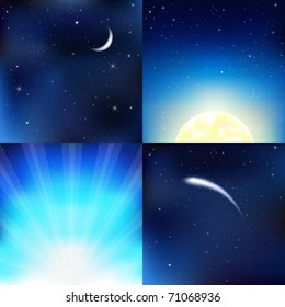 4 Dark Blue Sky, With Moon, Stars And Beams, Vector Illustration