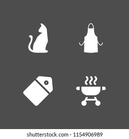 4 dark icons in vector set. tag, apron silhouette, bbq and halloween black cat illustration for web and graphic design