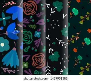 4 dark seamless background set. Trendy colorful scandinavian hand drawn pattern. Tropical exotic leaves and flowers
