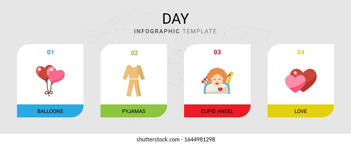 4 day flat icons set isolated on infographic template. Icons set with balloons, pyjamas, cupid angel, love icons.