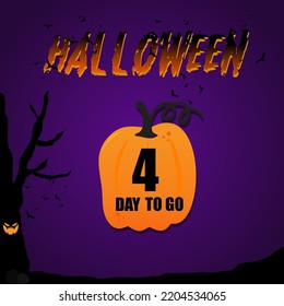 4 day to go halloween day, vector art illustration with fantastic font and nice violet purple color background. with cute pumpkin and eye on tree