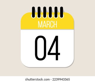 4 day March calendar vector. March month calendar page icon in yellow.