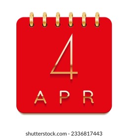 4 day of the month. April. Luxury calendar daily icon. Date day week Sunday, Monday, Tuesday, Wednesday, Thursday, Friday, Saturday. Gold text. Red paper. Vector illustration.