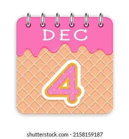 4 Tage im Monat. Dezember. Waffelkegelkalender mit geschmolzenem Eis. 3D-Tagessymbol. Datum. Woche Sonntag, Montag, Dienstag, Mittwoch, Donnerstag, Freitag, Samstag. Weißer Hintergrund, Vektorgrafik