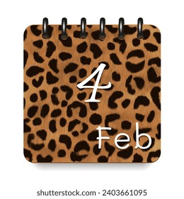 4 day of the month. February. Leopard print calendar daily icon. White letters. Date day week Sunday, Monday, Tuesday, Wednesday, Thursday, Friday, Saturday.  White background. Vector illustration.