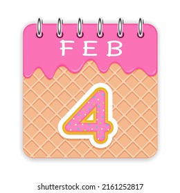 4 day of a month. February. Waffle cone calendar with melted ice cream. 3d daily icon. Date. Week Sunday, Monday, Tuesday, Wednesday, Thursday, Friday, Saturday. White background Vector illustration