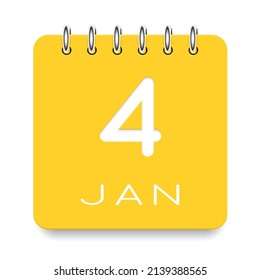 4 day of the month. January. Cute yellow calendar daily icon. Date day week Sunday, Monday, Tuesday, Wednesday, Thursday, Friday, Saturday. Cut paper. White background. Vector illustration.