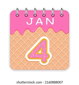 4 day of a month. January. Waffle cone calendar with melted ice cream. 3d daily icon. Date. Week Sunday, Monday, Tuesday, Wednesday, Thursday, Friday, Saturday. White background Vector illustration