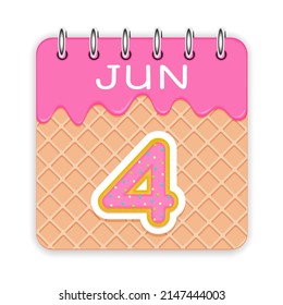4 Tage des Monats. Juni. Waffelkegelkalender mit geschmolzenem Eis. 3D-Tagessymbol. Datum. Woche Sonntag, Montag, Dienstag, Mittwoch, Donnerstag, Freitag, Samstag. Weißer Hintergrund. Vektorgrafik.
