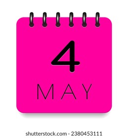 4 day of the month. May. Pink calendar daily icon. Black letters. Date day week Sunday, Monday, Tuesday, Wednesday, Thursday, Friday, Saturday. Cut paper. White background. Vector illustration.