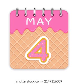 4 day of the month. May. Waffle cone calendar with melted ice cream. 3d daily icon. Date. Week Sunday, Monday, Tuesday, Wednesday, Thursday, Friday, Saturday. White background. Vector illustration.