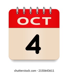 4 day of the month. October. Flip old formal calendar. 3d daily icon. Date. Week Sunday, Monday, Tuesday, Wednesday, Thursday, Friday, Saturday. Cut paper. White background. Vector illustration.