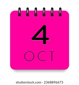 4 day of the month. October. Pink calendar daily icon with black letter. Date day week Sunday, Monday, Tuesday, Wednesday, Thursday, Friday, Saturday. Cut paper. White background. Vector illustration.