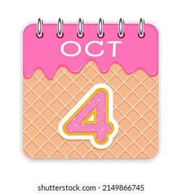 4 day of a month. October. Waffle cone calendar with melted ice cream. 3d daily icon. Date. Week Sunday, Monday, Tuesday, Wednesday, Thursday, Friday, Saturday. White background Vector illustration