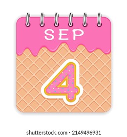 4 day of a month. September. Waffle cone calendar with melted ice cream. 3d daily icon. Date. Week Sunday, Monday, Tuesday, Wednesday, Thursday, Friday, Saturday. White background Vector illustration