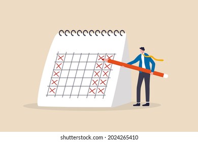 4 day work week, reduce working day to increase efficiency and productivity, flexible work day for employee benefit concept, businessman manager put holiday on calendar to make company 4 day work week