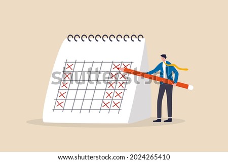 4 day work week, reduce working day to increase efficiency and productivity, flexible work day for employee benefit concept, businessman manager put holiday on calendar to make company 4 day work week