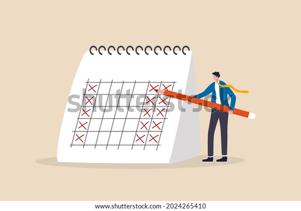 4 day work week, reduce working day to increase\
efficiency and productivity, flexible work day for employee benefit\
concept, businessman manager put holiday on calendar to make\
company 4 day work week