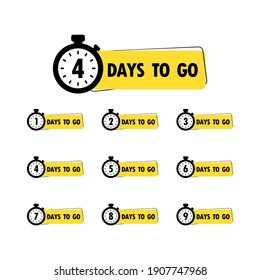 4 days to go icon set. Countdown of days remaining. Offer timer, sticker limited to a few days. Vector EPS 10. Isolated on white background