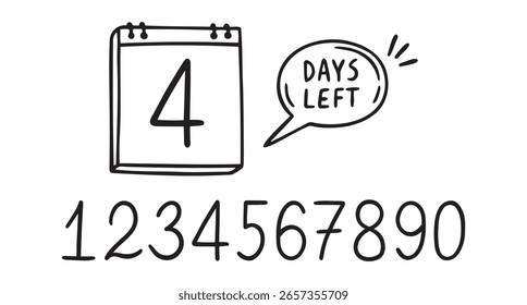 Noch 4 Tage. Doodle-Kalendersymbol für Tage, die noch für das Symbol für die Werbeaktion übrig sind. handgezeichneter, isolierter Stil. Vektorgrafik