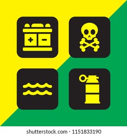 4 dead icons in vector set. death skull and bones, grenade, ocean and battery illustration for web and graphic design