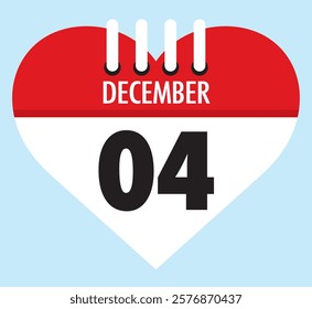 4 December calendar icon red heart shape on light sky blue color background, calendar vector symbol for the month of December.