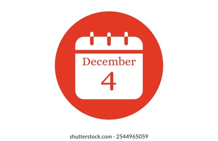 4 December calendar icon. text page monthly web design on red and white background vector, icon, or illustration with the month of December 4