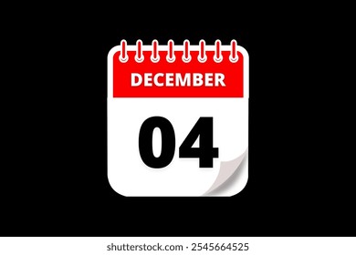 Diseño web mensual de la página de texto del icono del calendario del 4 de diciembre en el Vector, el icono o la ilustración del fondo rojo, blanco y negro con el mes del 4 de diciembre