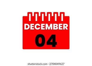 4 Diciembre mes Vector de un solo día, ilustración, calendario con rojo, negro y blanco color de fondo icono de calendario de diciembre 4