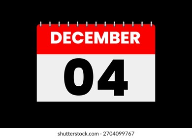 4 Diciembre mes Vector de un solo día, ilustración, calendario con rojo, blanco y negro color de fondo icono de calendario de diciembre 4