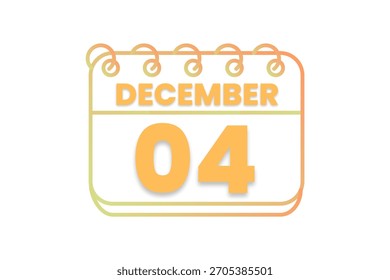 4 Diciembre mes Vector de un solo día, ilustración, calendario con naranja, amarillo, marrón y blanco color de fondo icono de calendario de 4 de diciembre
