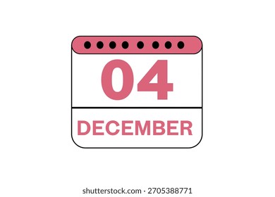 4 Diciembre mes Vector de un solo día, ilustración, calendario con melocotón, color de fondo blanco y negro icono de calendario de 4 de diciembre