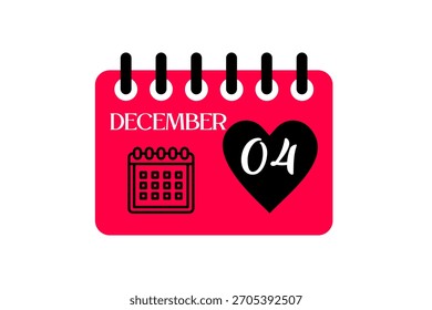 4 Diciembre mes Vector de un solo día, ilustración, calendario con rojo, negro y blanco color de fondo icono de calendario de diciembre 4